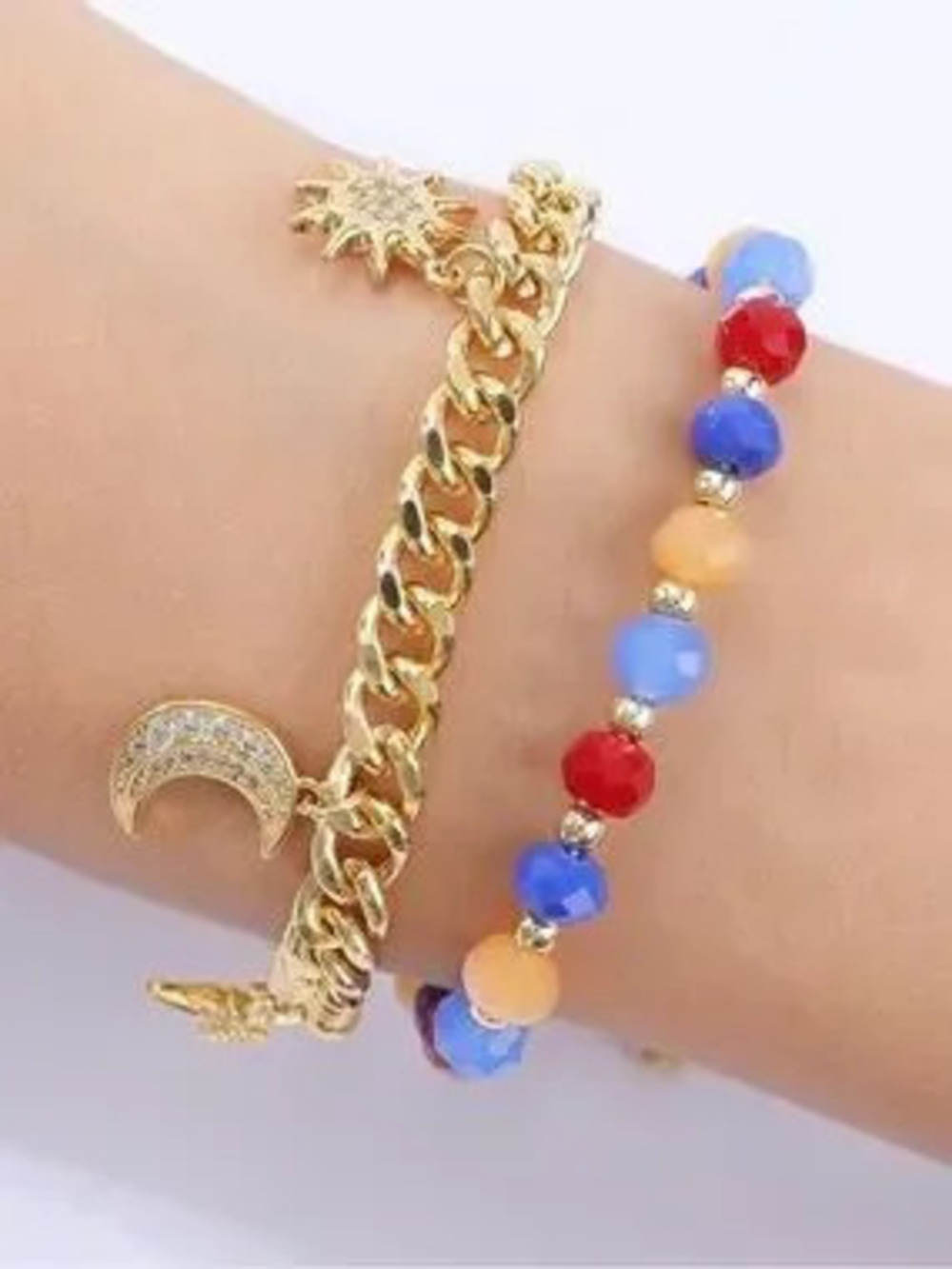 Anthropologie Gold Tone Charm Chain and Multicolor Beaded Bracelet Set